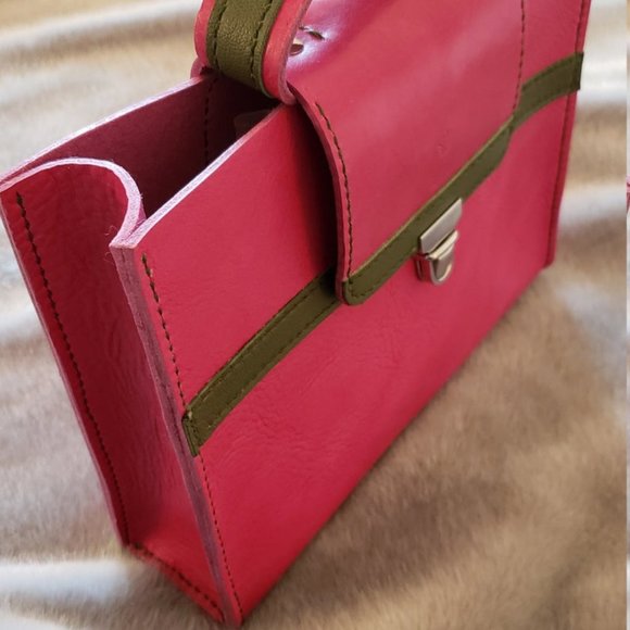 Pink and Olive Green Leather Top Handle Handbag - Picture 4 of 7